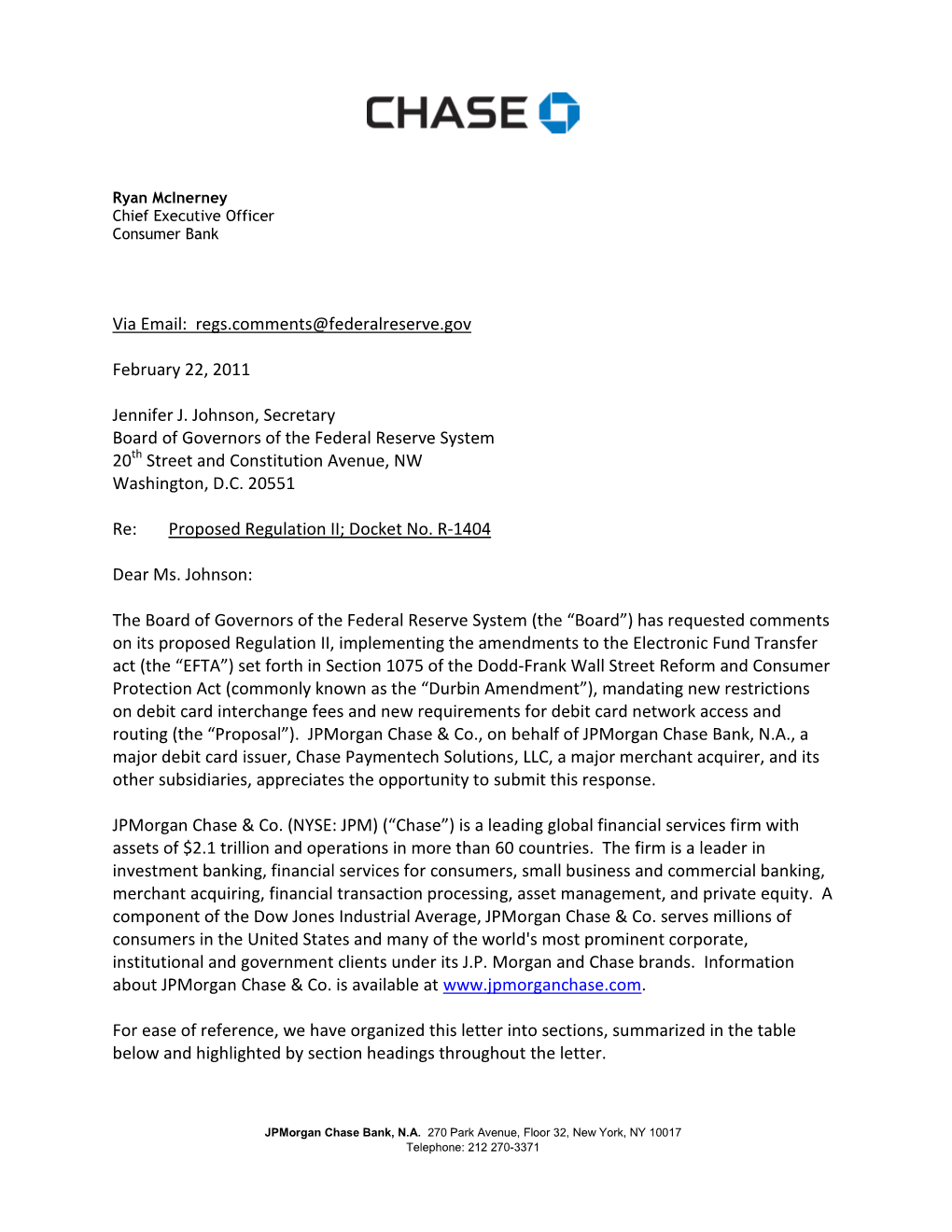 Jpmorgan Chase Comment Letter Reg II Docket No. R-1404 02-22-11