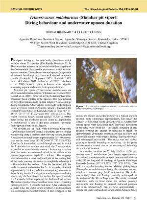 Trimeresurus Malabaricus (Malabar Pit Viper): Diving Behaviour and Underwater Apnoea Duration