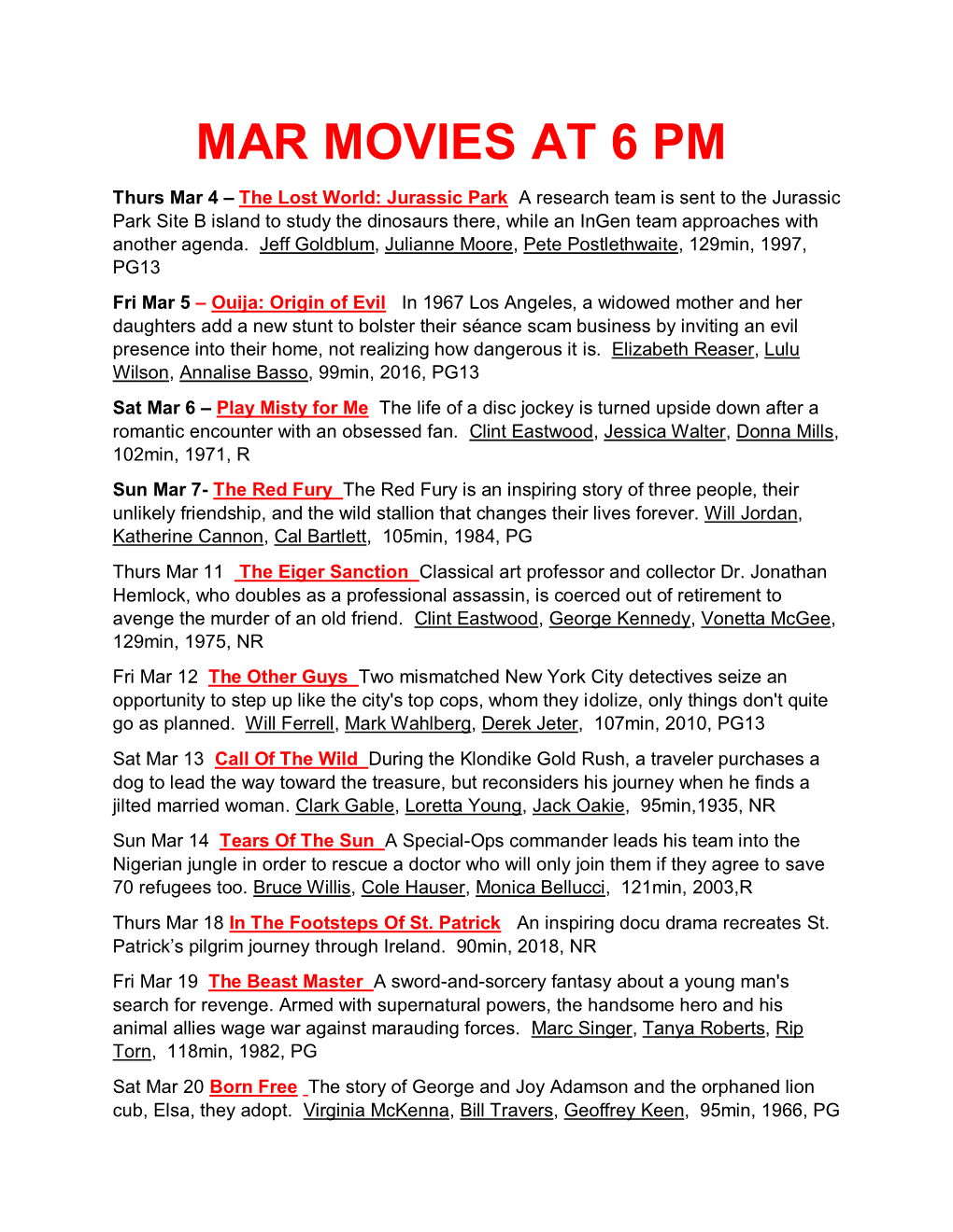 Mar Movies at 6 Pm