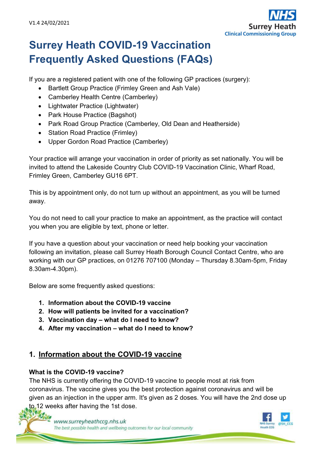 Surrey Heath COVID-19 Vaccination Frequently Asked Questions (Faqs)