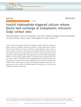 Inositol Triphosphate-Triggered Calcium Release Blocks Lipid Exchange at Endoplasmic Reticulum- Golgi Contact Sites