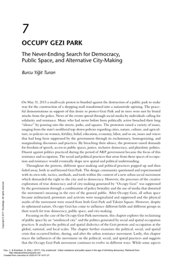 OCCUPY GEZI PARK the Never-Ending Search for Democracy, Public Space, and Alternative City-Making