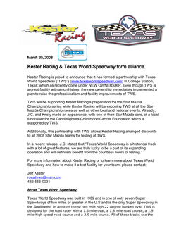 Kester Racing & Texas World Speedway Form Alliance