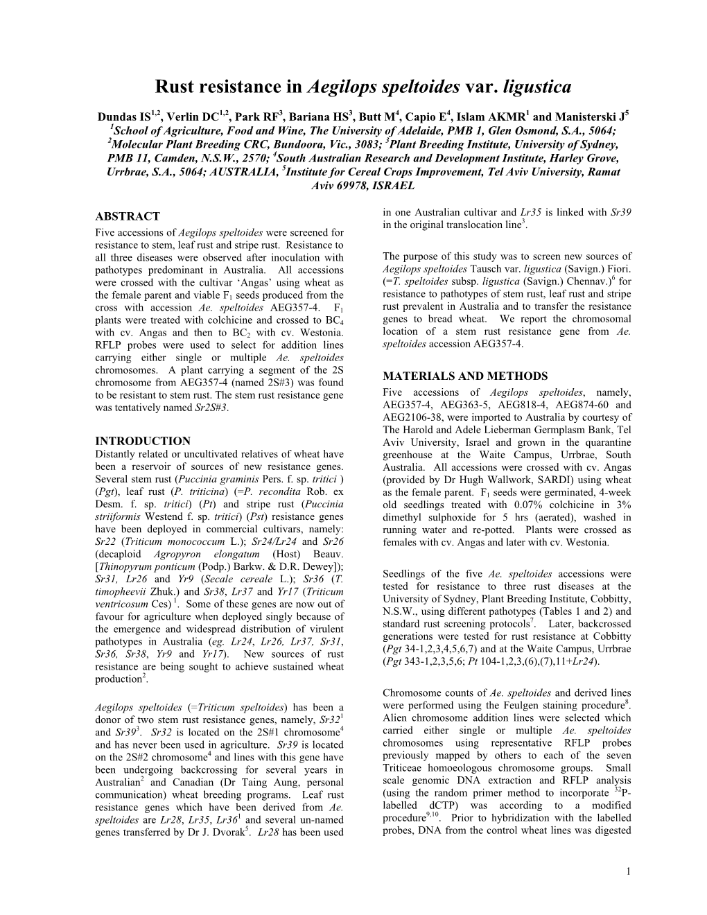 Rust Resistance in Aegilops Speltoides Var. Ligustica