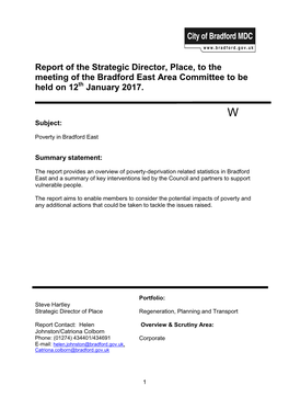 Report of the Strategic Director, Place, to the Meeting of the Bradford East Area Committee to Be Held on 12Th January 2017