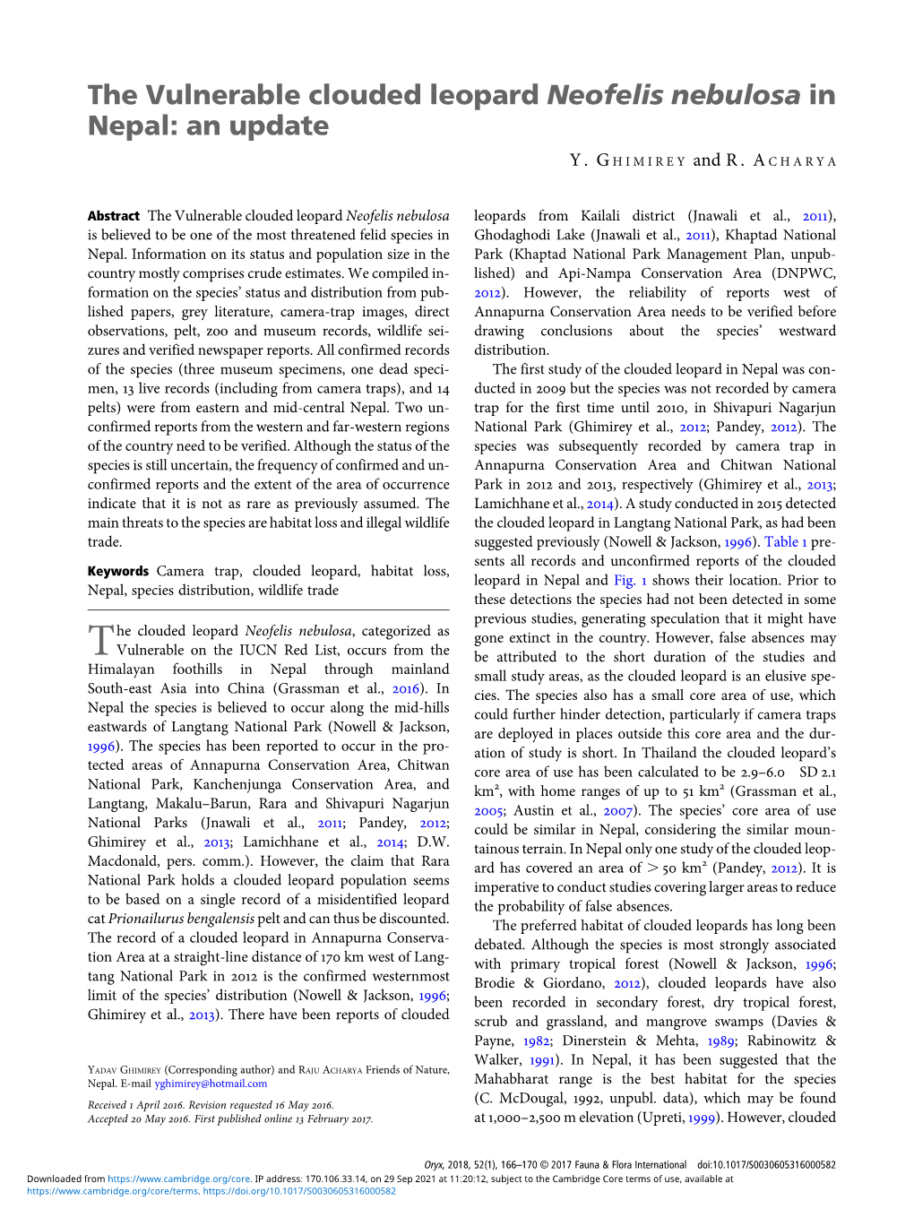 The Vulnerable Clouded Leopard Neofelis Nebulosa in Nepal: an Update