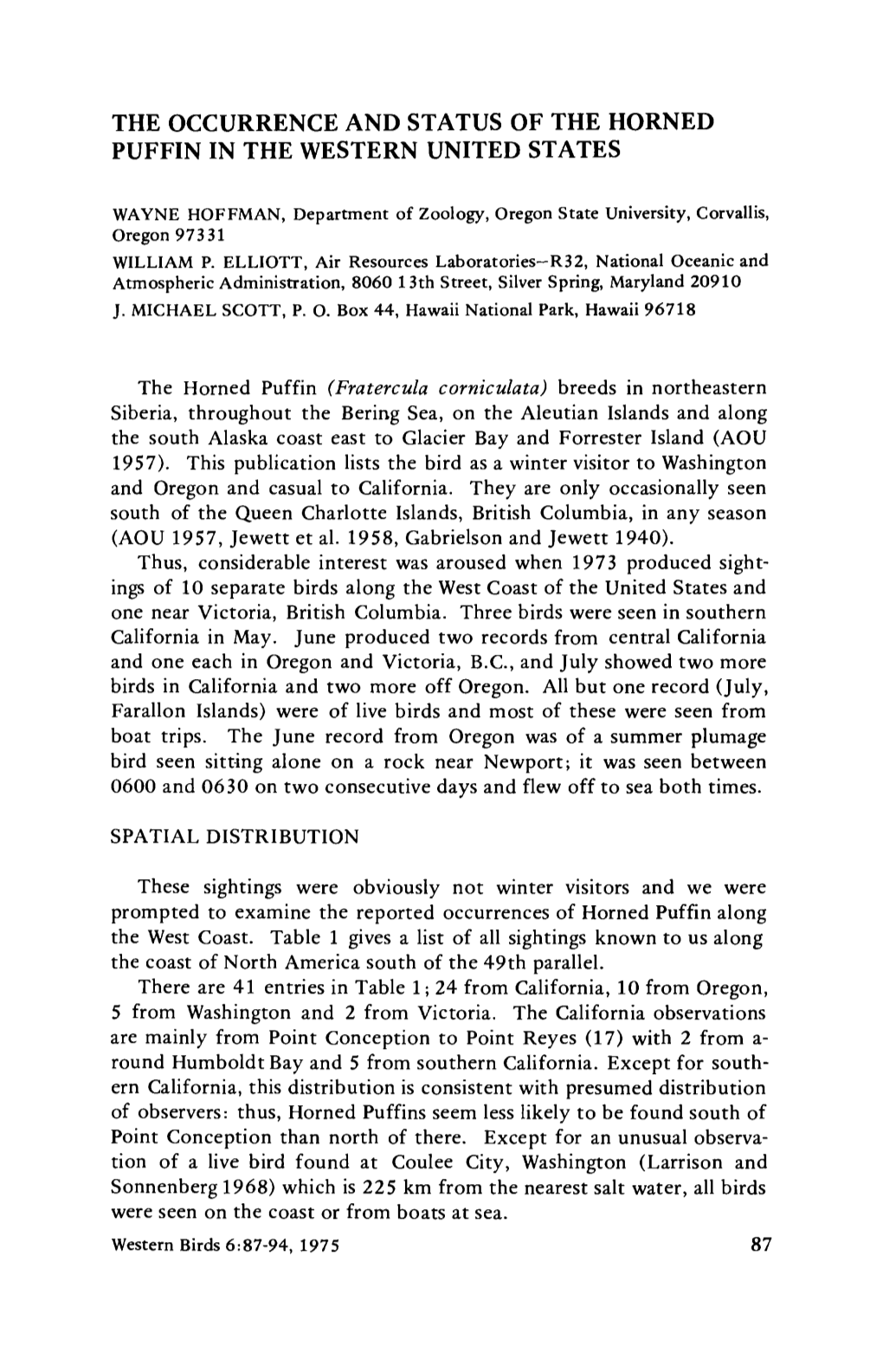 The Occurrence and Status of the Horned Puffin in the Western United States