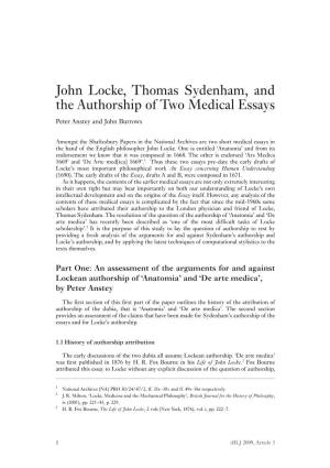 John Locke, Thomas Sydenham, and the Authorship of Two Medical Essays Peter Anstey and John Burrows