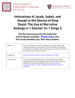 Intimations of Jacob, Judah, and Joseph in the Stories of King David: the Use of Narrative Analogy in 1 Samuel 16–1 Kings 2
