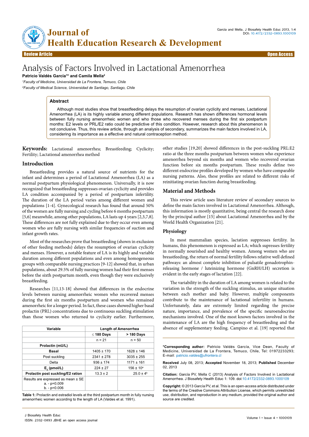 Analysis of Factors Involved in Lactational Amenorrhea