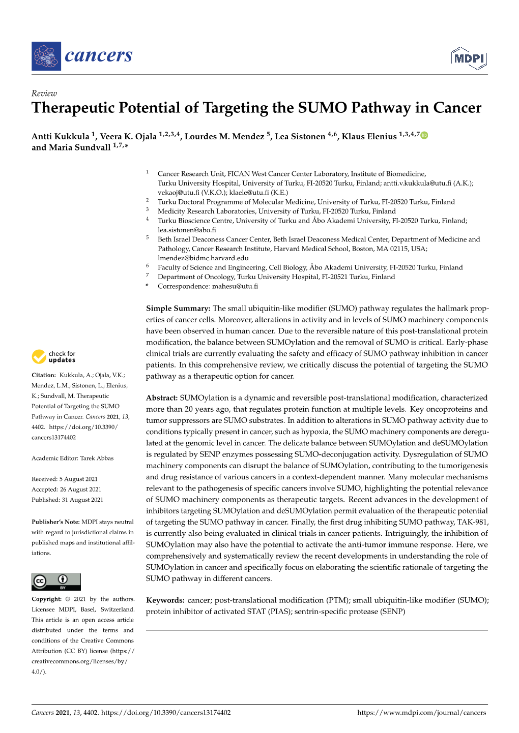 Therapeutic Potential of Targeting the SUMO Pathway in Cancer