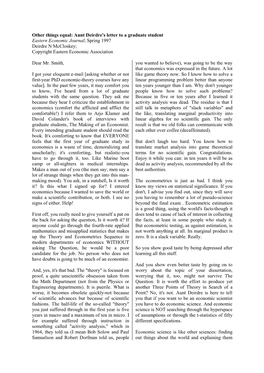 Aunt Deirdre's Letter to a Graduate Student Eastern Economic Journal; Spring 1997 Deirdre N Mccloskey; Copyright Eastern Economic Association