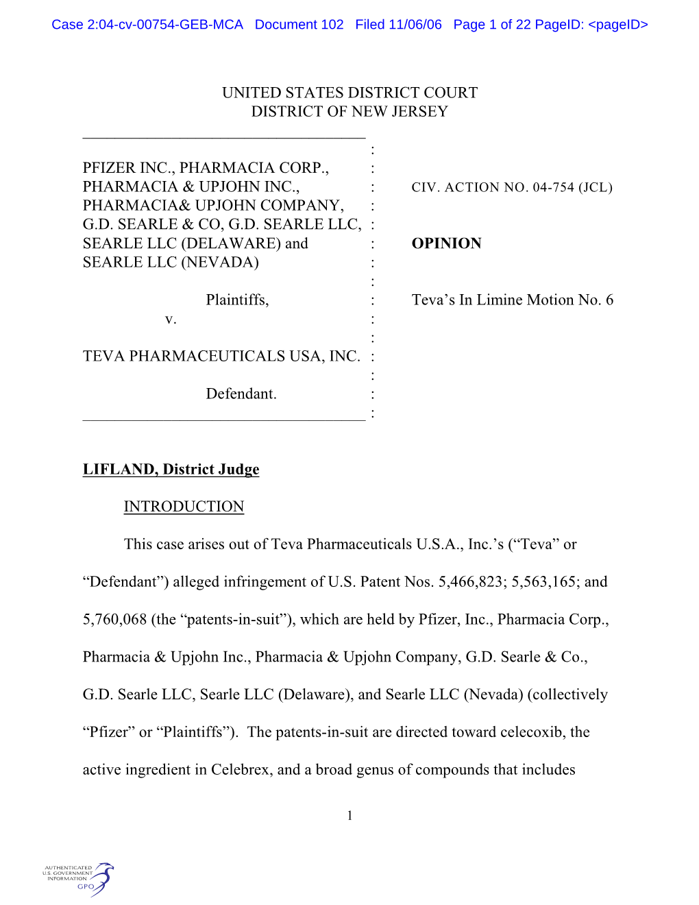 United States District Court District of New Jersey : Pfizer Inc., Pharmacia Corp., : Pharma