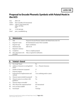 Proposal to Encode Phonetic Symbols with Palatal Hook in the UCS