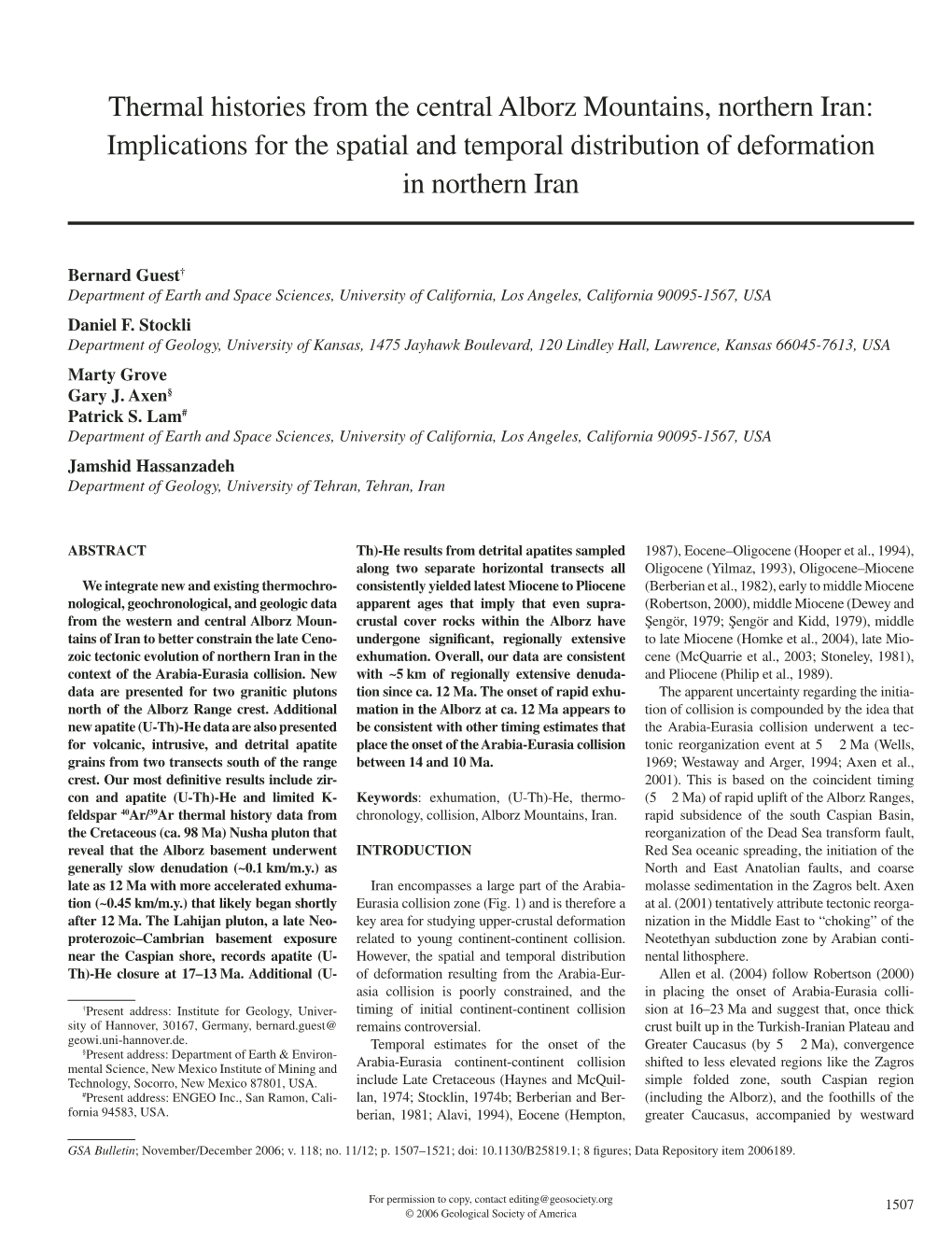 Thermal Histories from the Central Alborz Mountains, Northern Iran: Implications for the Spatial and Temporal Distribution of Deformation in Northern Iran