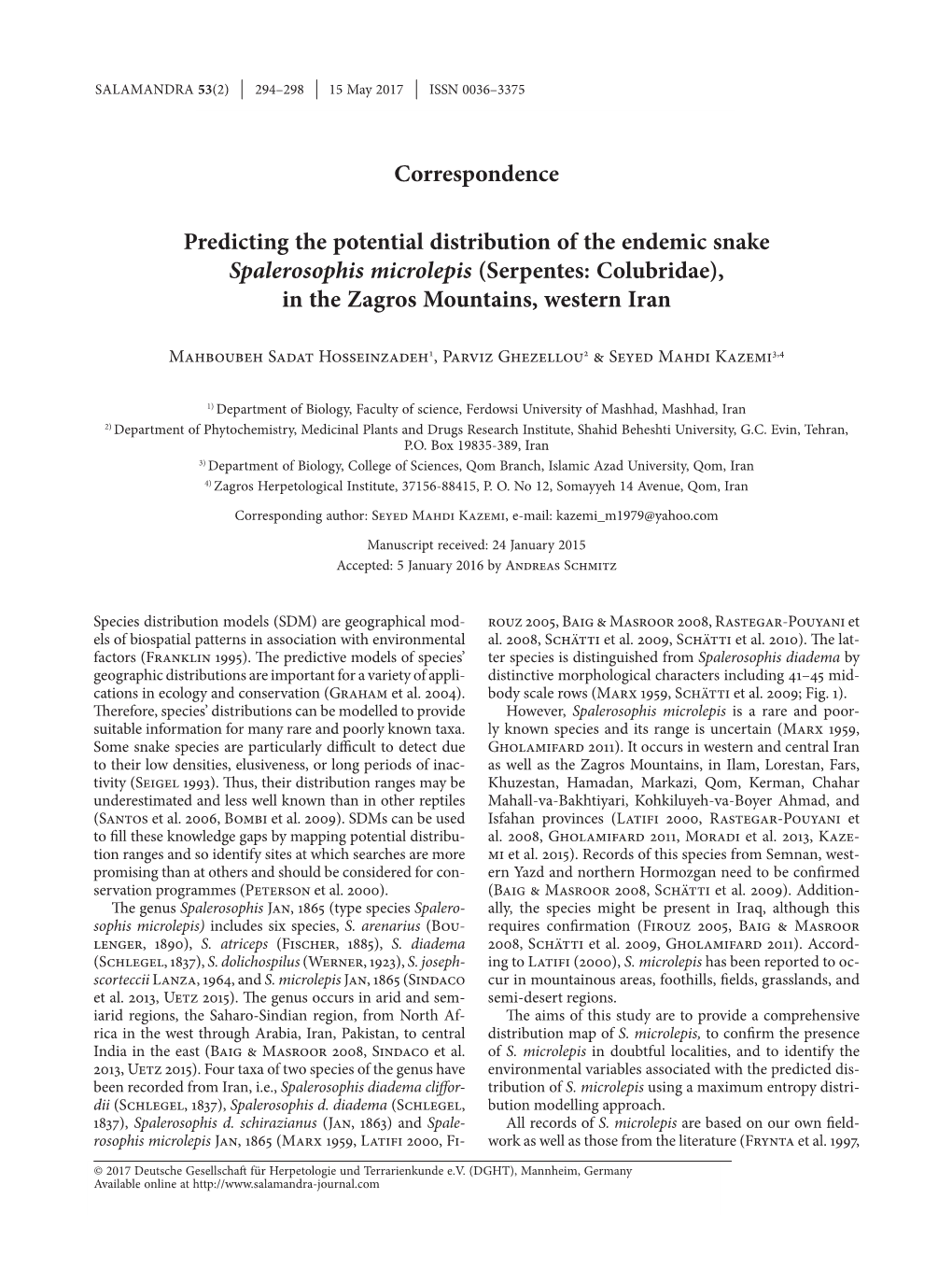 Predicting the Potential Distribution of the Endemic Snake Spalerosophis Microlepis (Serpentes: Colubridae), in the Zagros Mountains, Western Iran