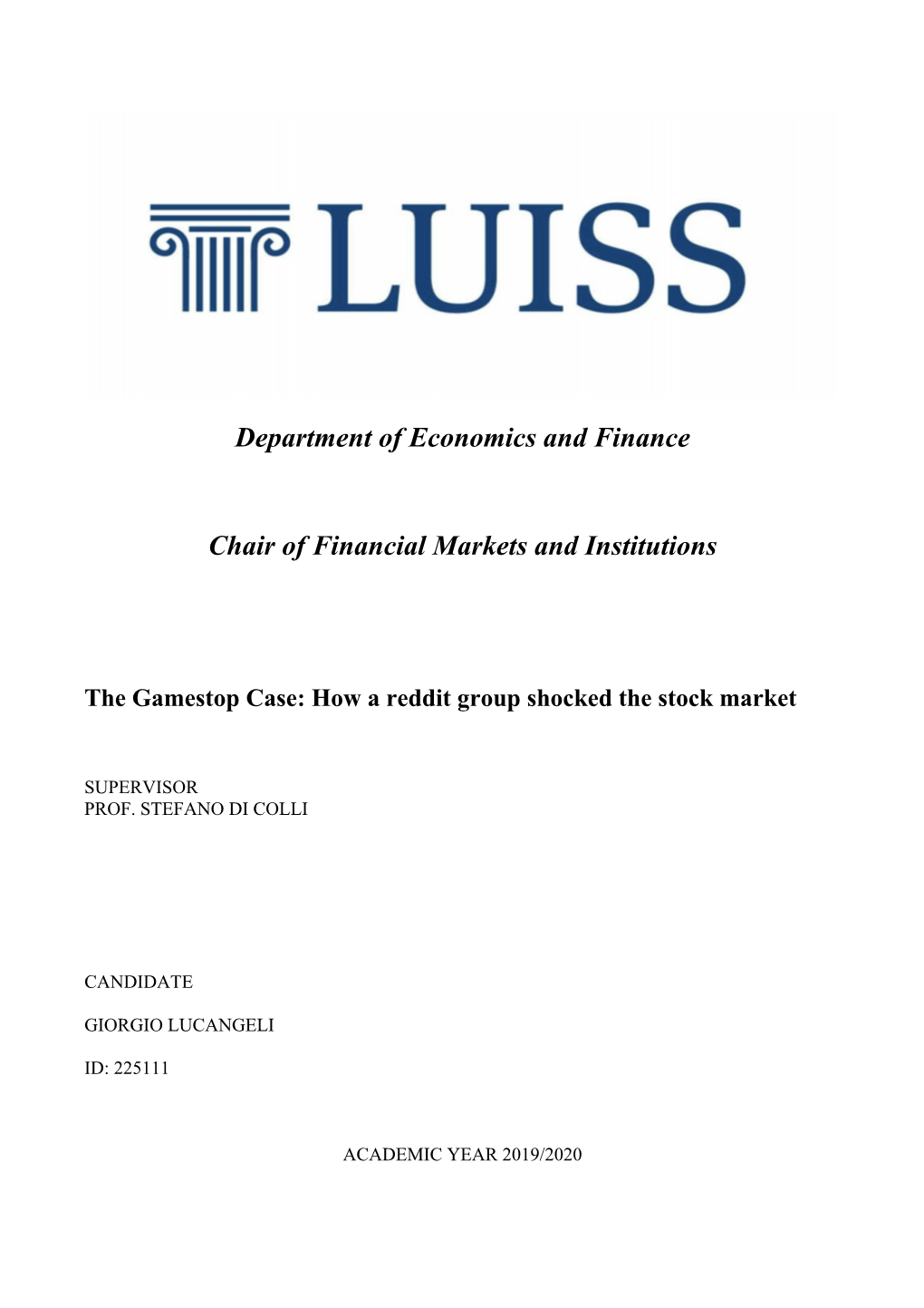 Department of Economics and Finance Chair of Financial Markets