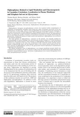 Diphosphatase Related to Lipid Metabolism and Gluconeogenesis in Cucumber Cotyledons: Localization in Plasma Membrane and Etioplasts but Not in Glyoxysomes