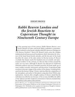 Rabbi Reuven Landau and the Jewish Reaction to Copernican Thought in Nineteenth Century Europe