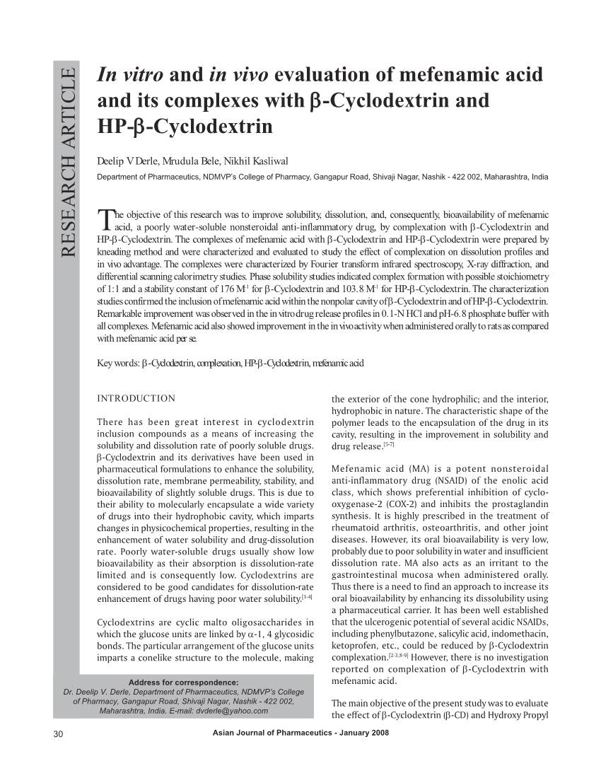 In Vitro and in Vivo Evaluation of Mefenamic Acid and Its Complexes with Β-Cyclodextrin and HP-Β-Cyclodextrin