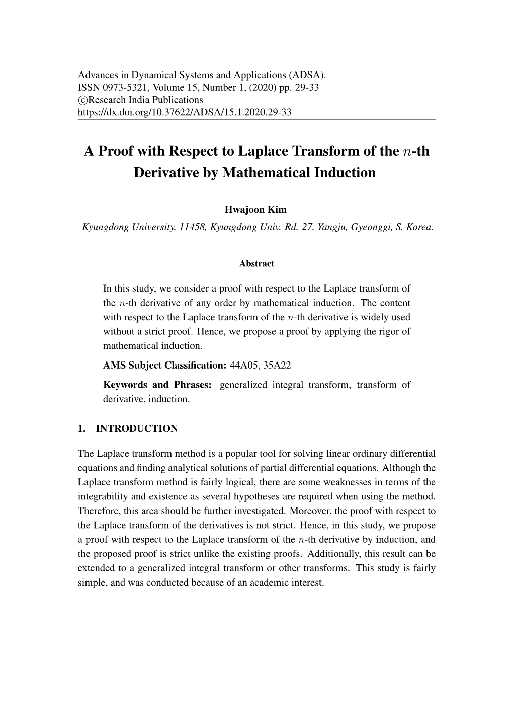 A Proof with Respect to Laplace Transform of the N-Th Derivative by Mathematical Induction