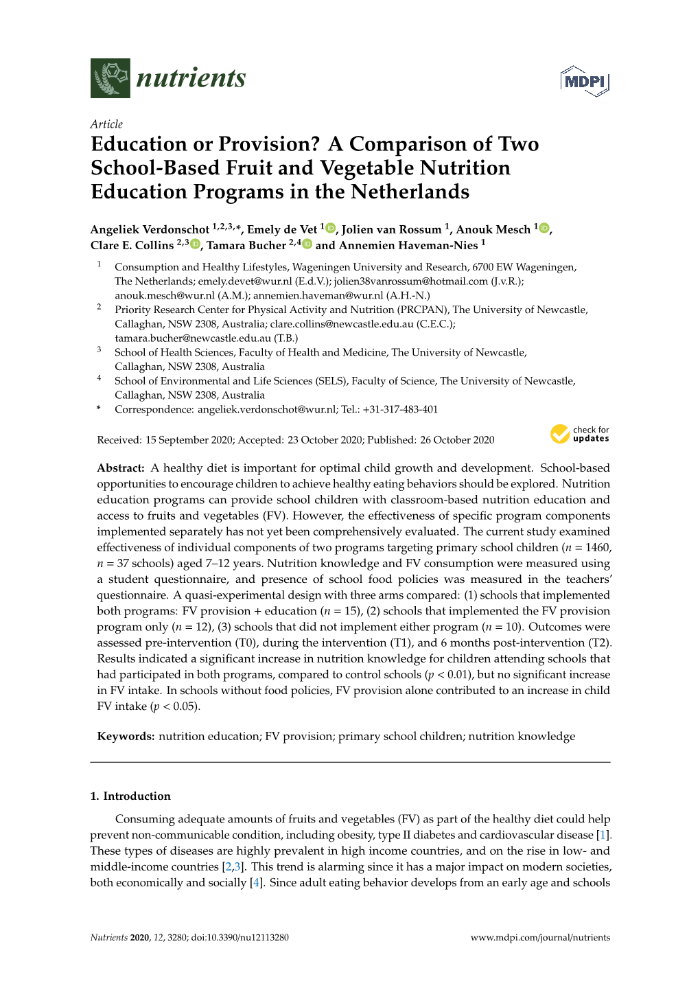 A Comparison of Two School-Based Fruit and Vegetable Nutrition Education Programs in the Netherlands