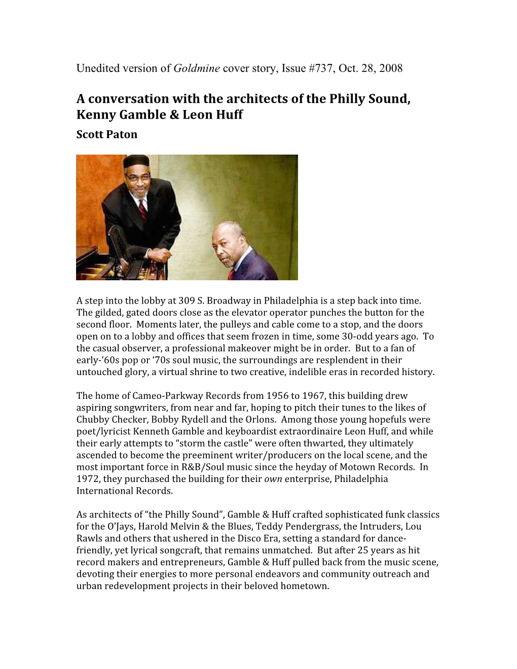 A Conversation with the Architects of the Philly Sound, Kenny Gamble & Leon Huff Scott Paton