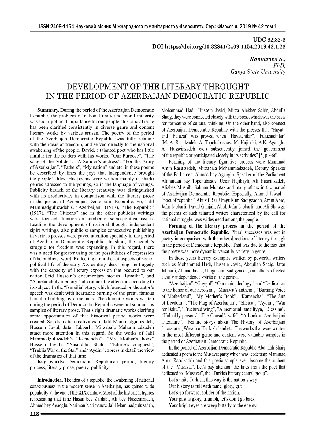 Development of the Literary Throught in the Period of Azerbaijan Democratic Republic