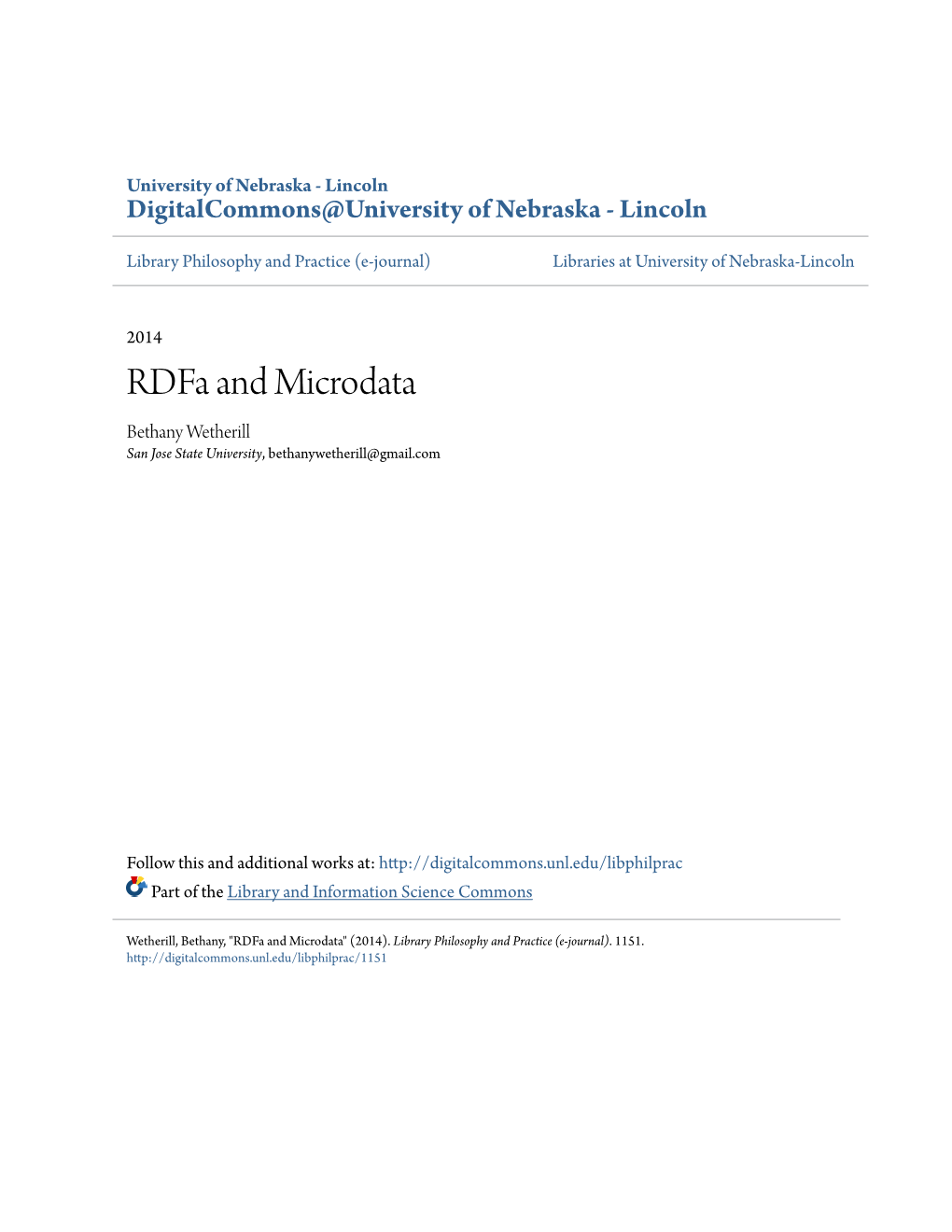 Rdfa and Microdata Bethany Wetherill San Jose State University, Bethanywetherill@Gmail.Com