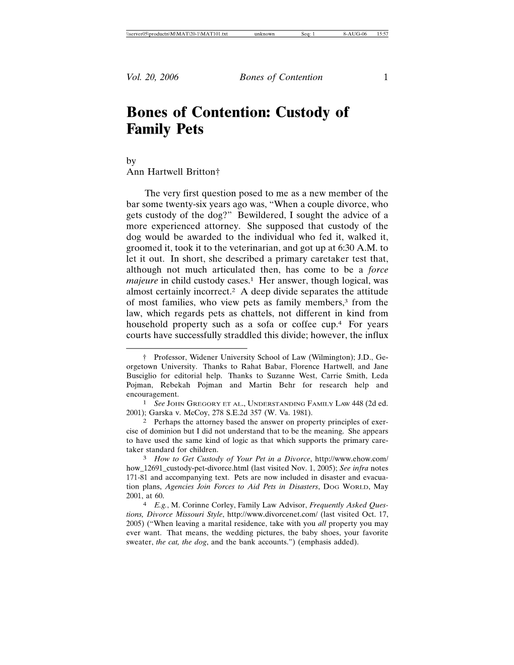 Bones of Contention: Custody of Family Pets by Ann Hartwell Britton†