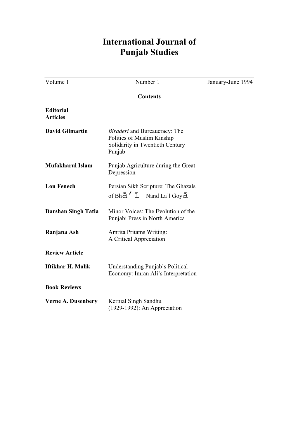 JPS Contents Vol 1 to 22 Journal of Punjab Studies