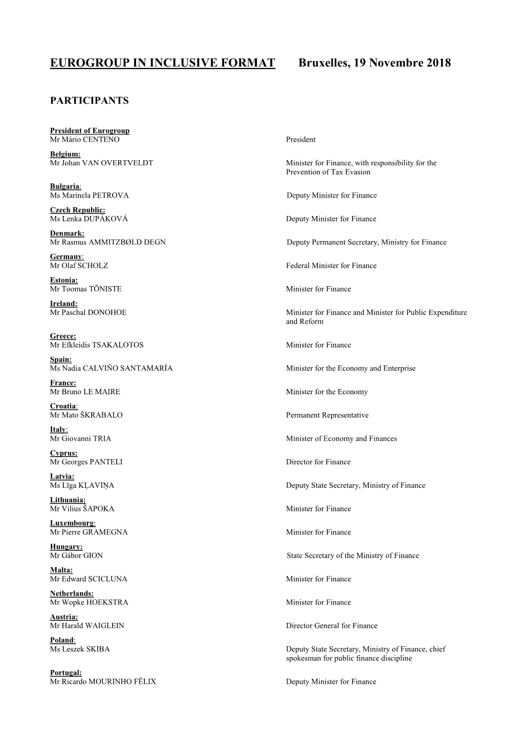 Eurogroup Inclusive Format List of Participants