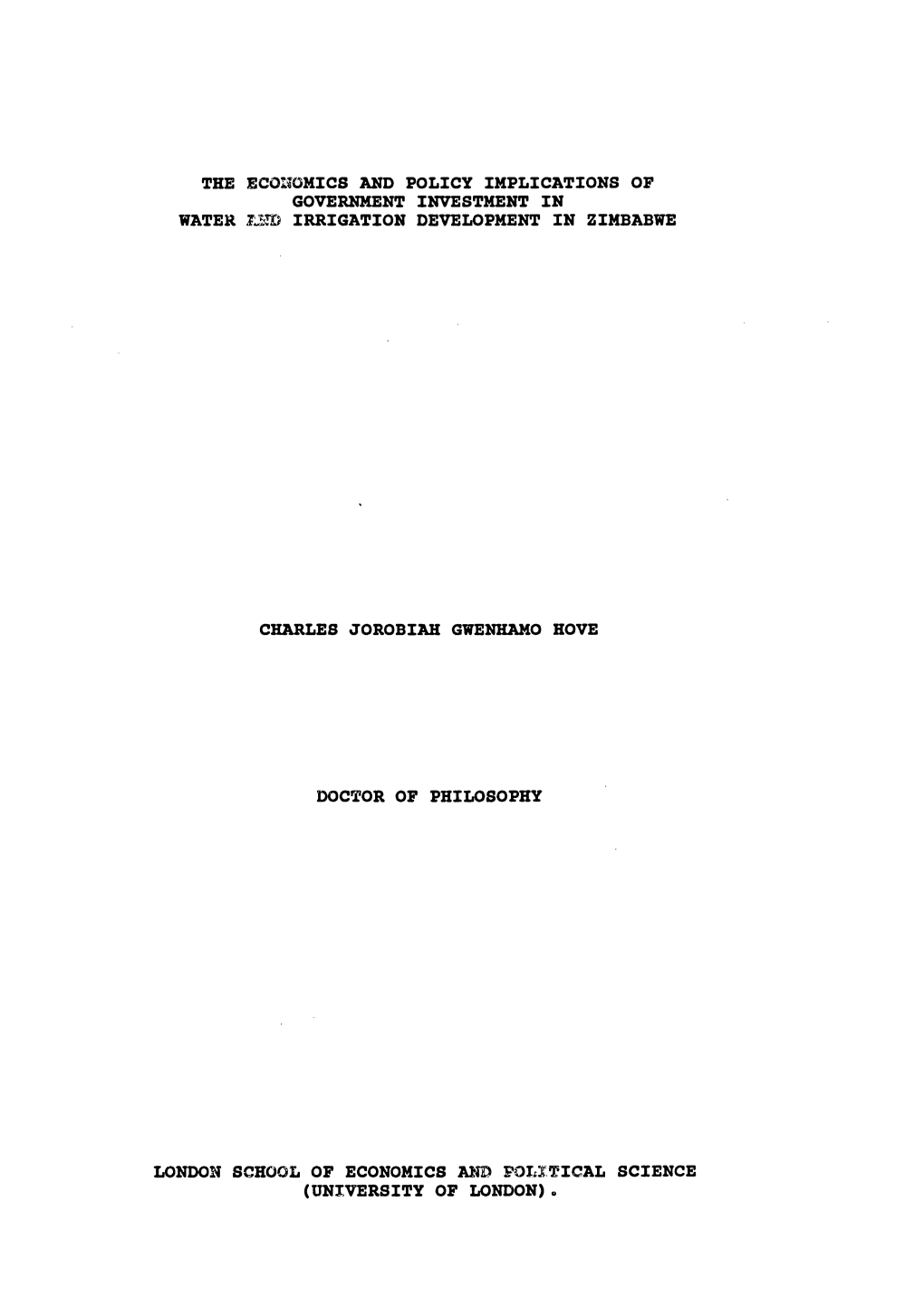 The Economics and Policy Implications of Government Investment in Water Amd Irrigation Development in Zimbabwe