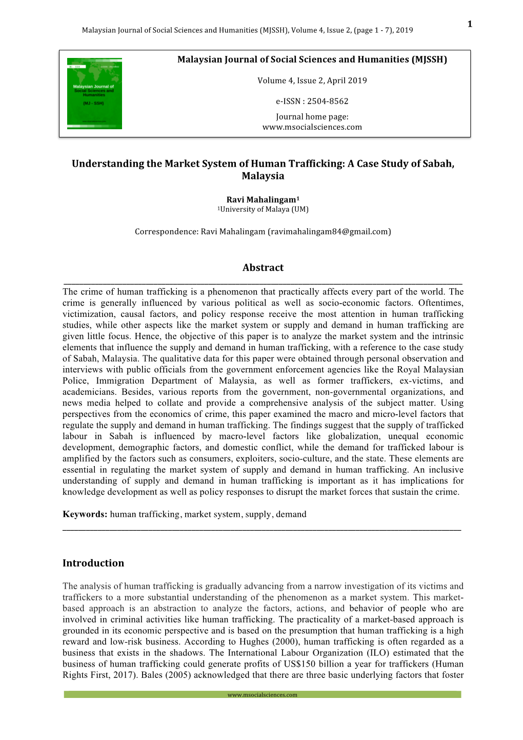 Understanding the Market System of Human Trafficking: a Case Study of Sabah, Malaysia