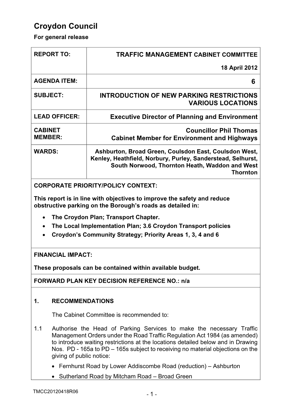 Introduction of New Parking Restrictions Various Locations