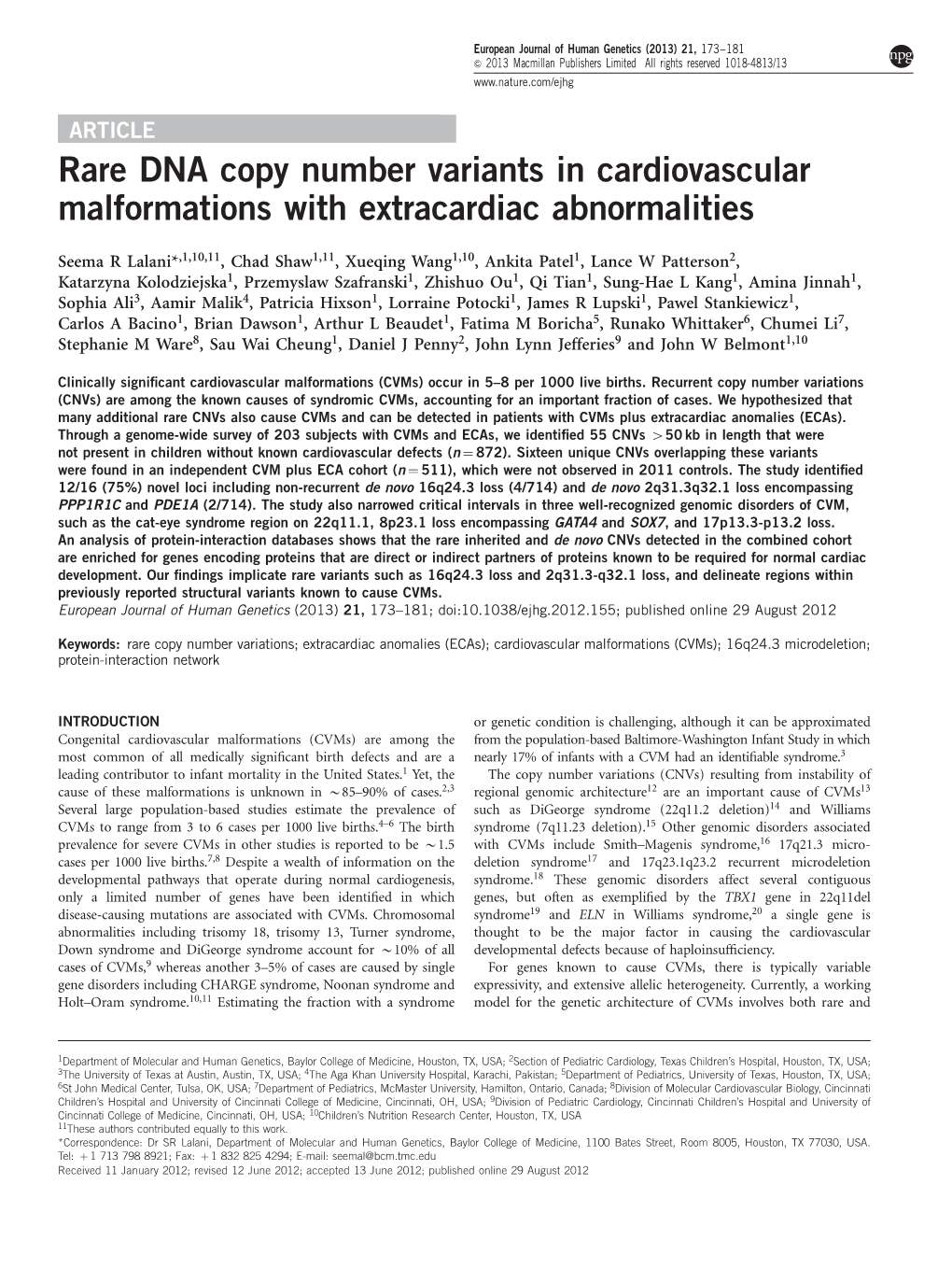 Rare DNA Copy Number Variants in Cardiovascular Malformations with Extracardiac Abnormalities