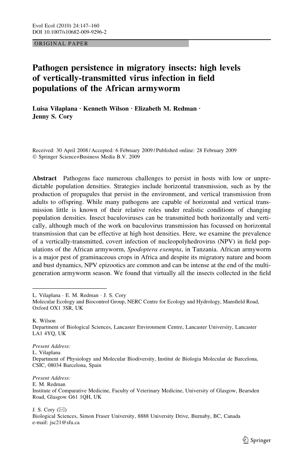 Pathogen Persistence in Migratory Insects: High Levels of Vertically-Transmitted Virus Infection in ﬁeld Populations of the African Armyworm