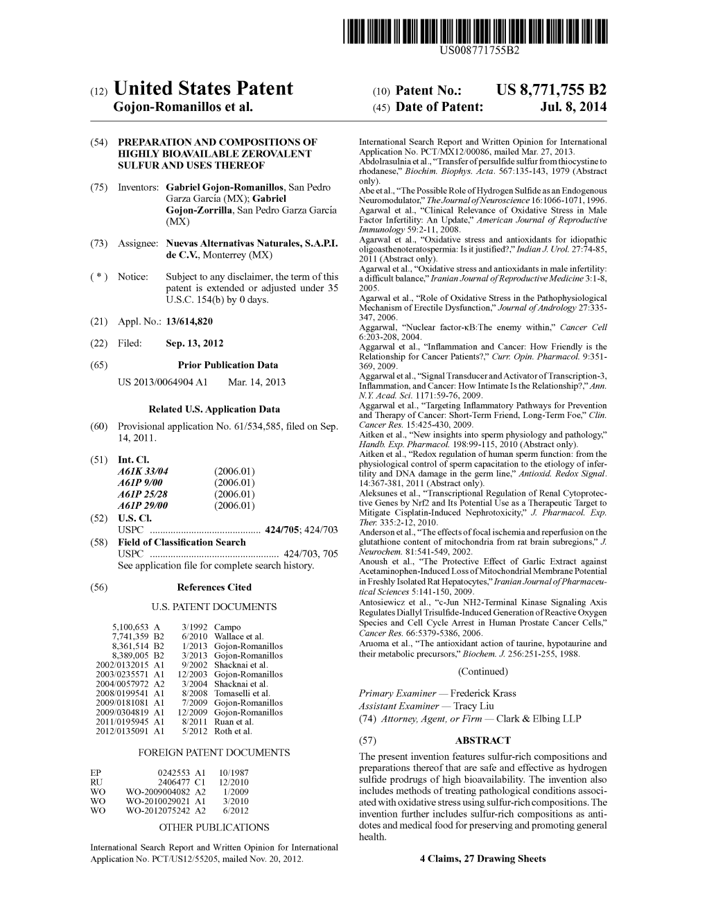 (12) United States Patent (10) Patent No.: US 8,771,755 B2 Gojon-Romanillos Et Al