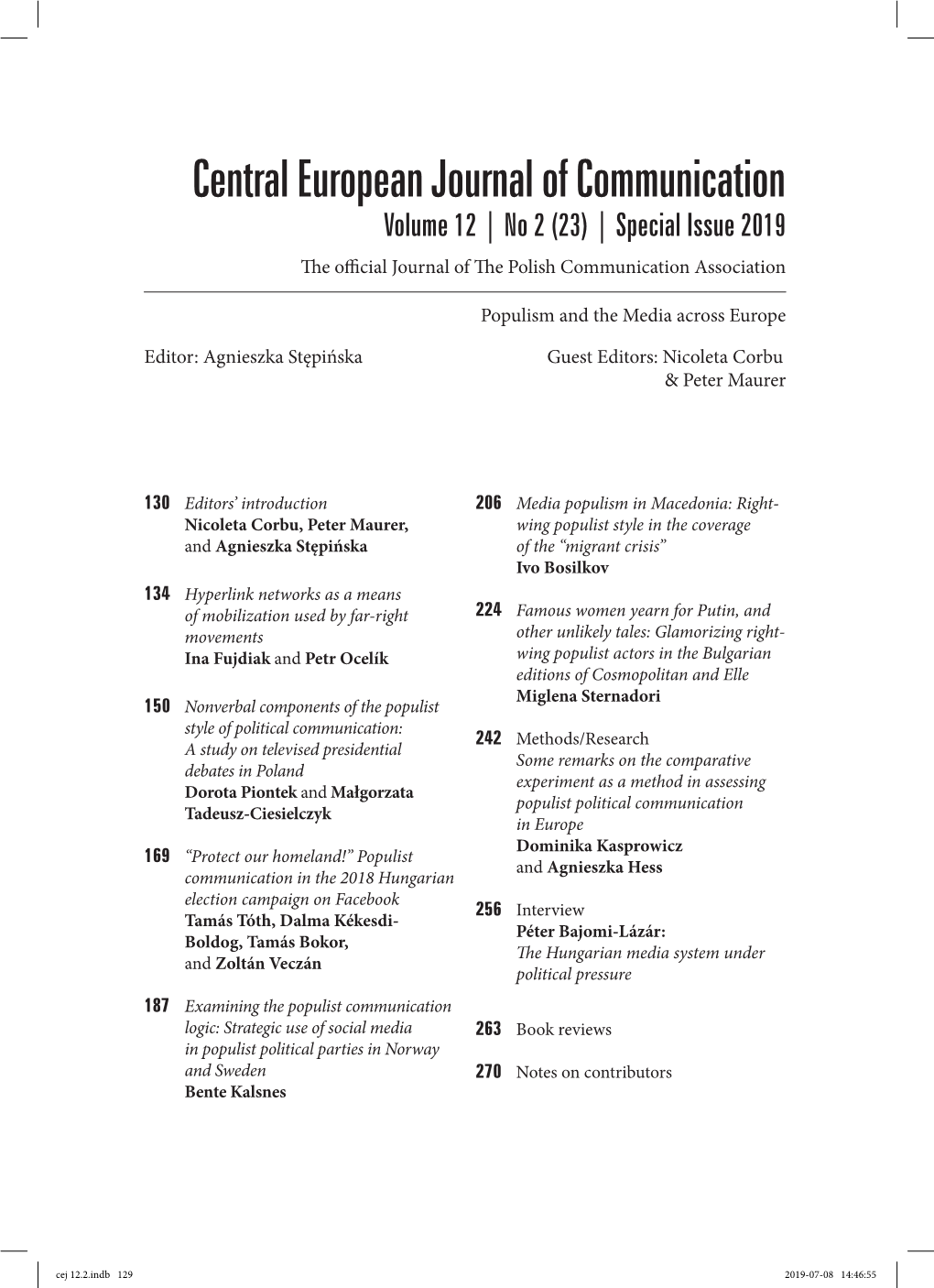 Central European Journal of Communication Volume 12 | No 2 (23) | Special Issue 2019 the Official Journal of the Polish Communication Association