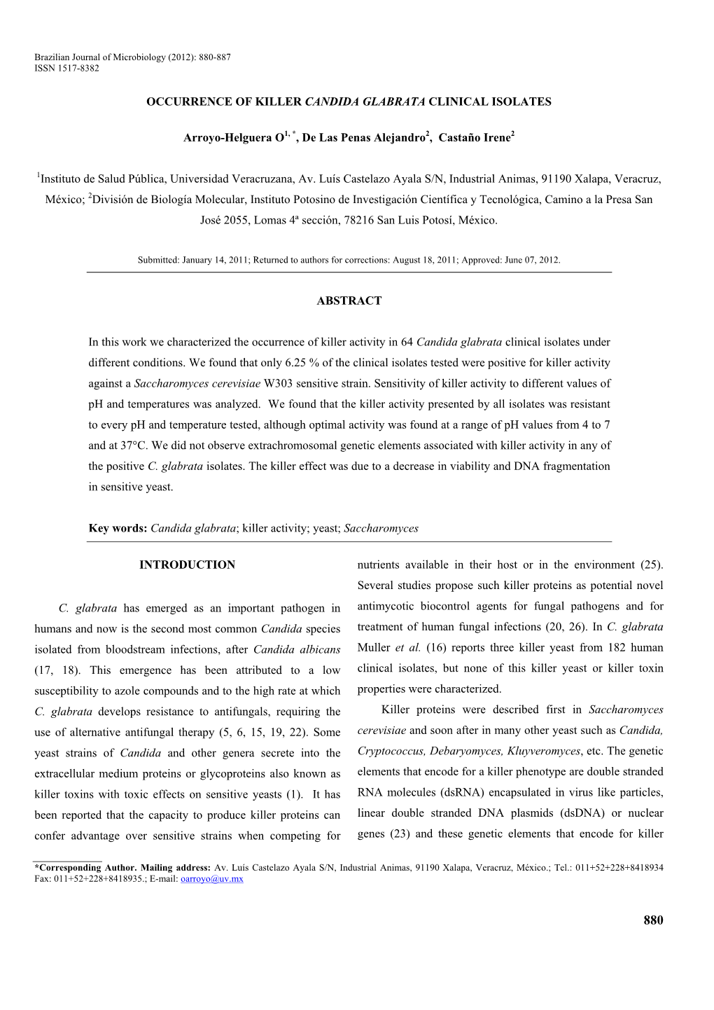 Occurrence of Killer Candida Glabrata Clinical Isolates