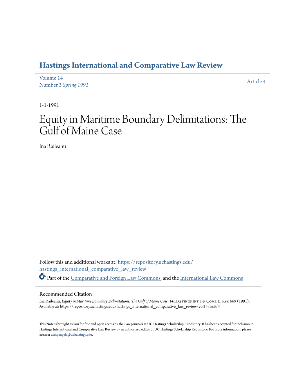 Equity in Maritime Boundary Delimitations: the Gulf of Maine Case Ina Raileanu