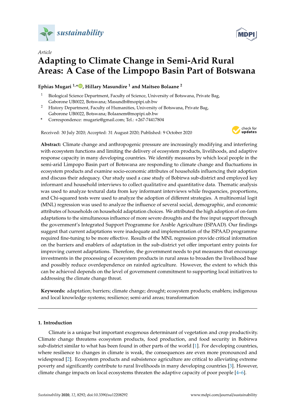 Adapting to Climate Change in Semi-Arid Rural Areas: a Case of the Limpopo Basin Part of Botswana