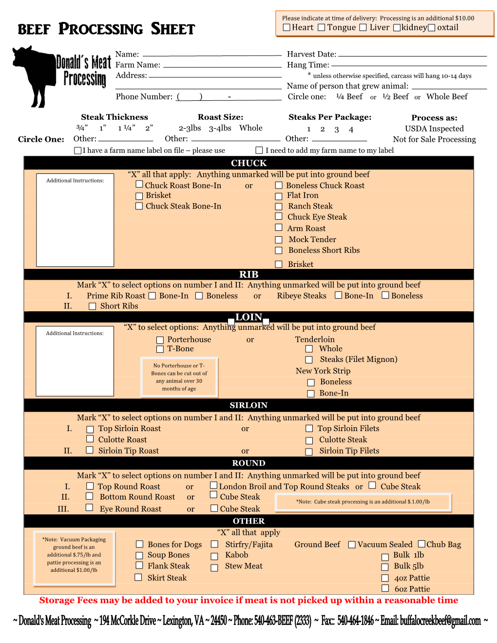 Beef Processing Sheet Heart Tongue Liver Kidney Oxtail