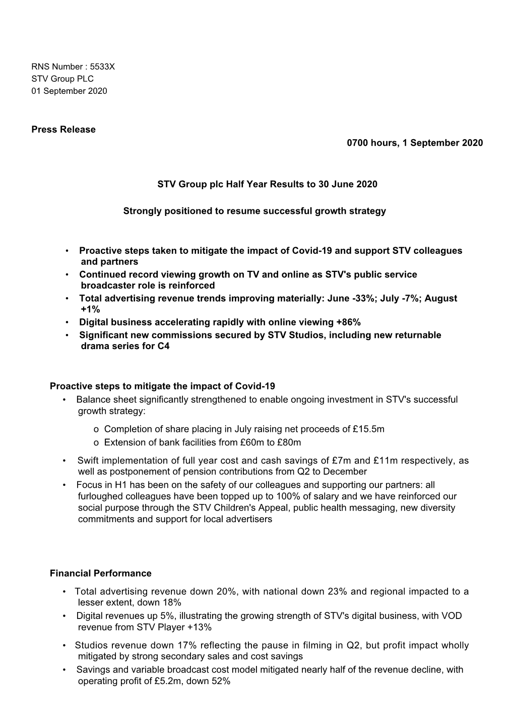 Press Release 0700 Hours, 1 September 2020 STV Group Plc Half