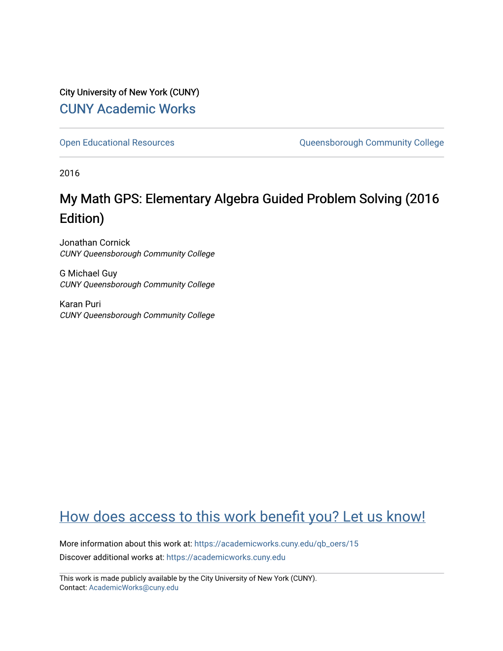 My Math GPS: Elementary Algebra Guided Problem Solving (2016 Edition)