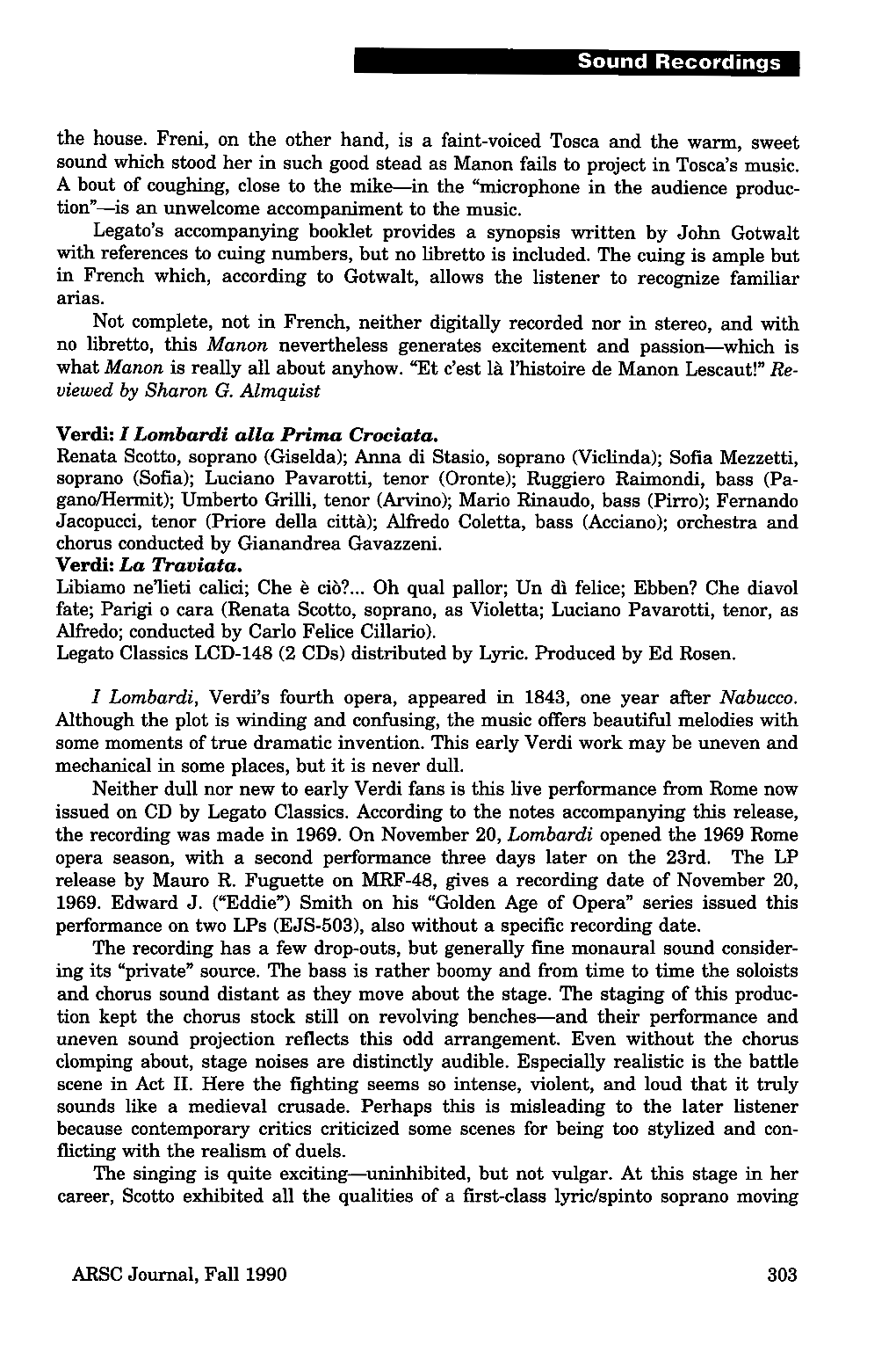 ARSC Journal, Fall 1990 303 Sound Recordings