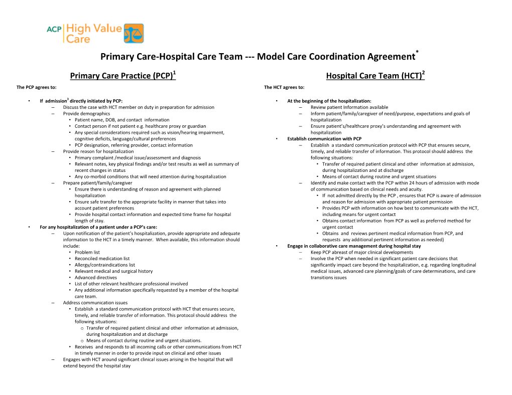 Primary Care-Hospital Care Team --- Model Care Coordination Agreement