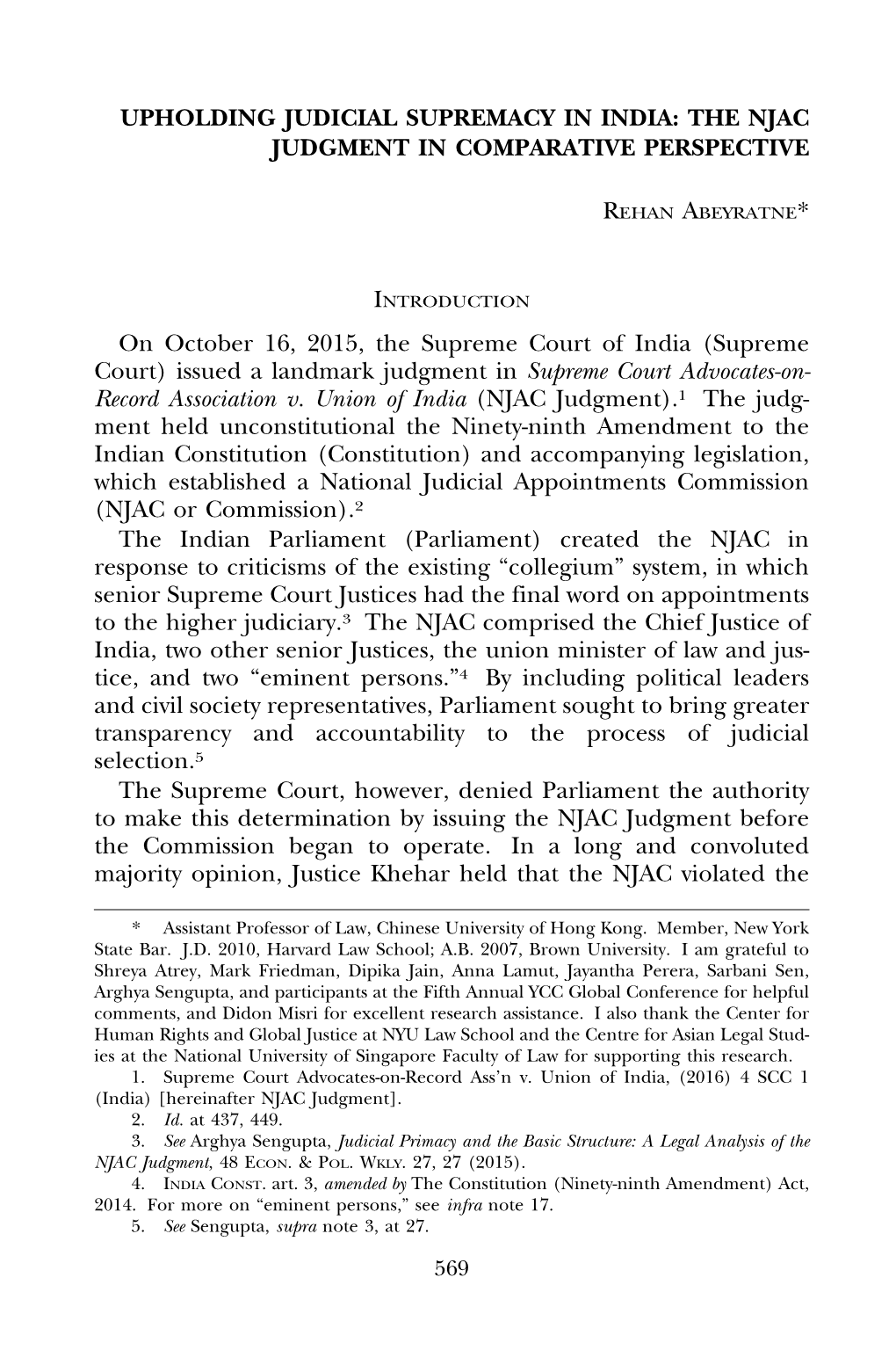 Upholding Judicial Supremacy in India: the Njac Judgment in Comparative Perspective