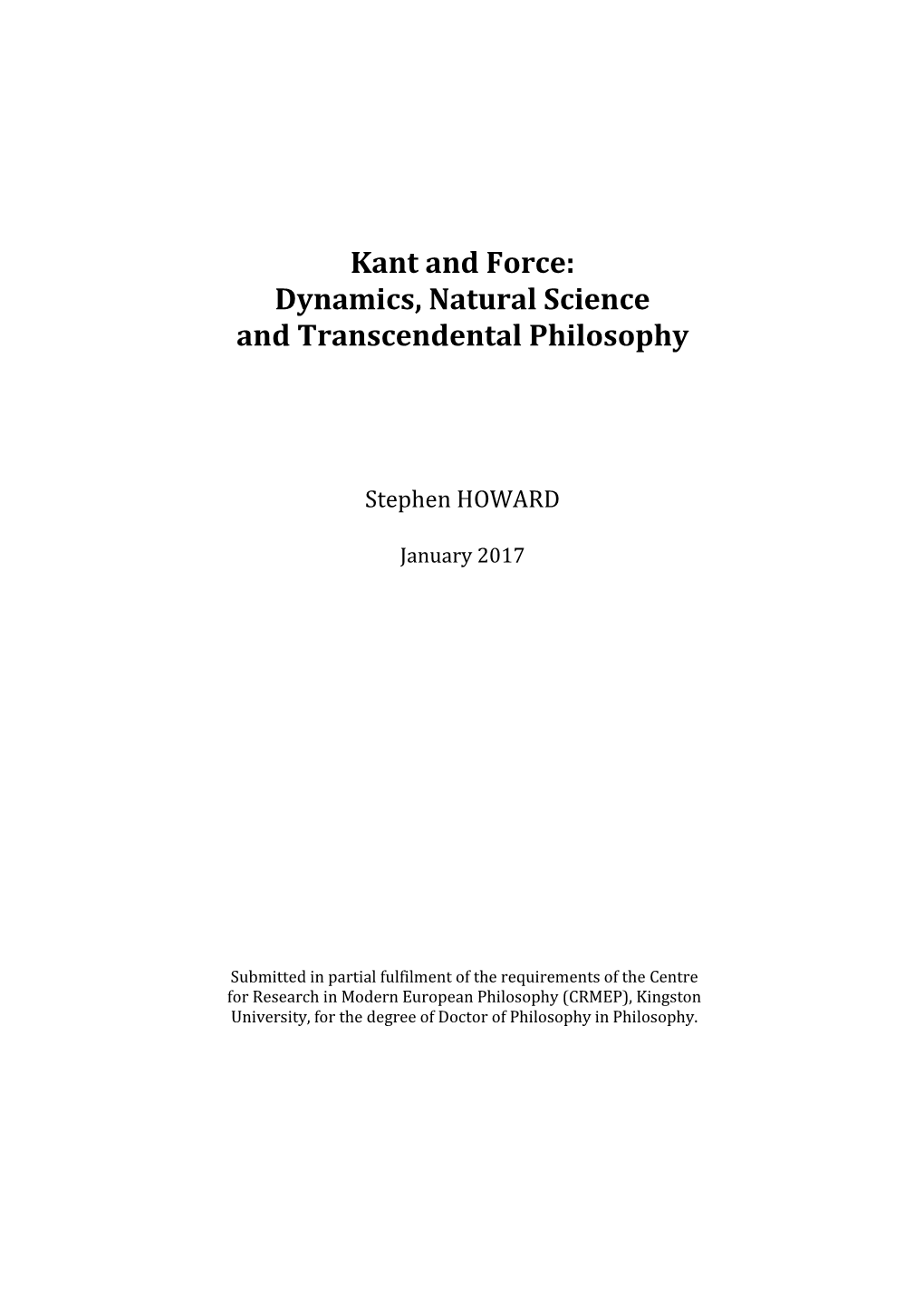 Kant and Force: Dynamics, Natural Science and Transcendental Philosophy