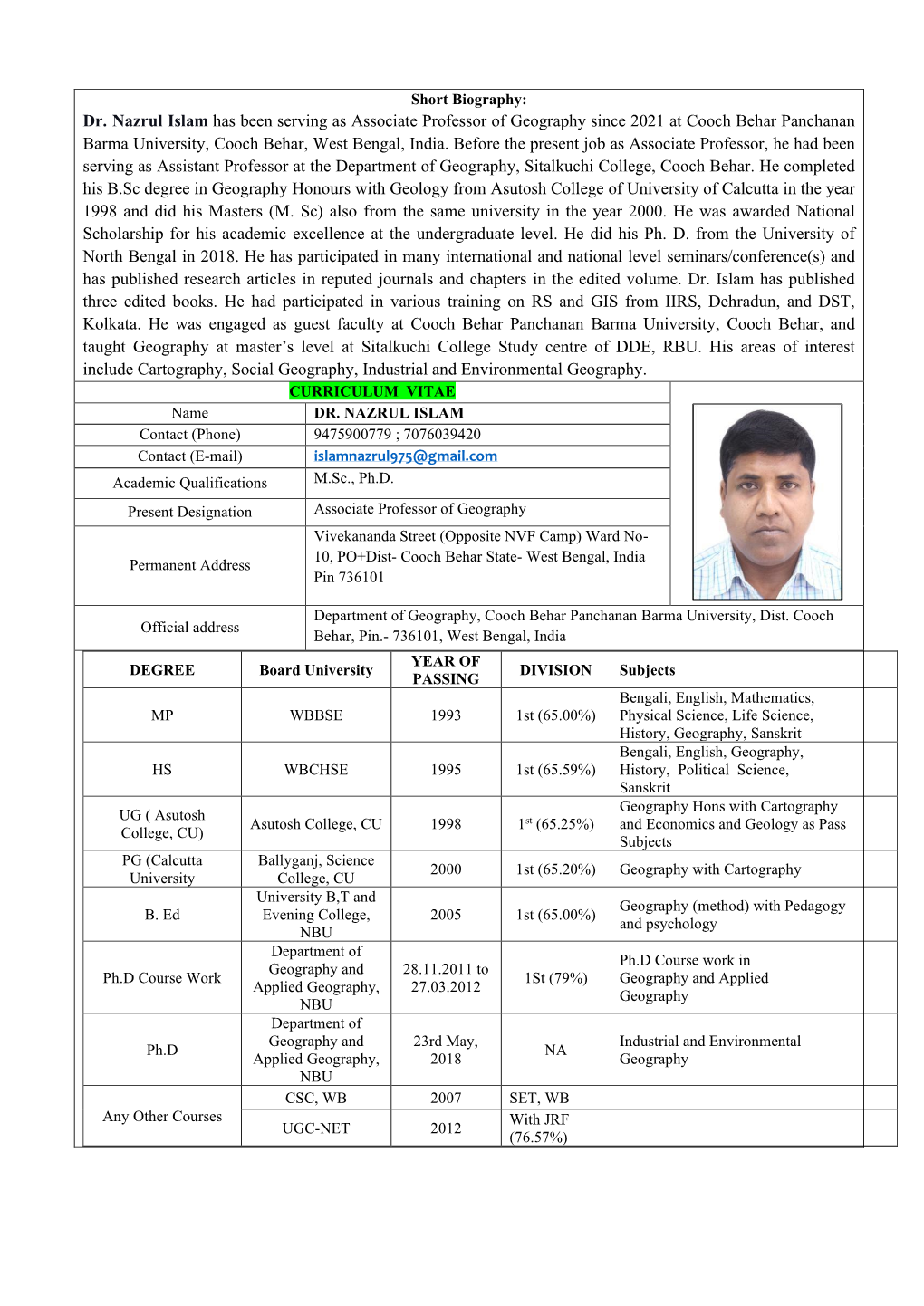 Dr. Nazrul Islam Has Been Serving As Associate Professor of Geography Since 2021 at Cooch Behar Panchanan Barma University, Cooch Behar, West Bengal, India